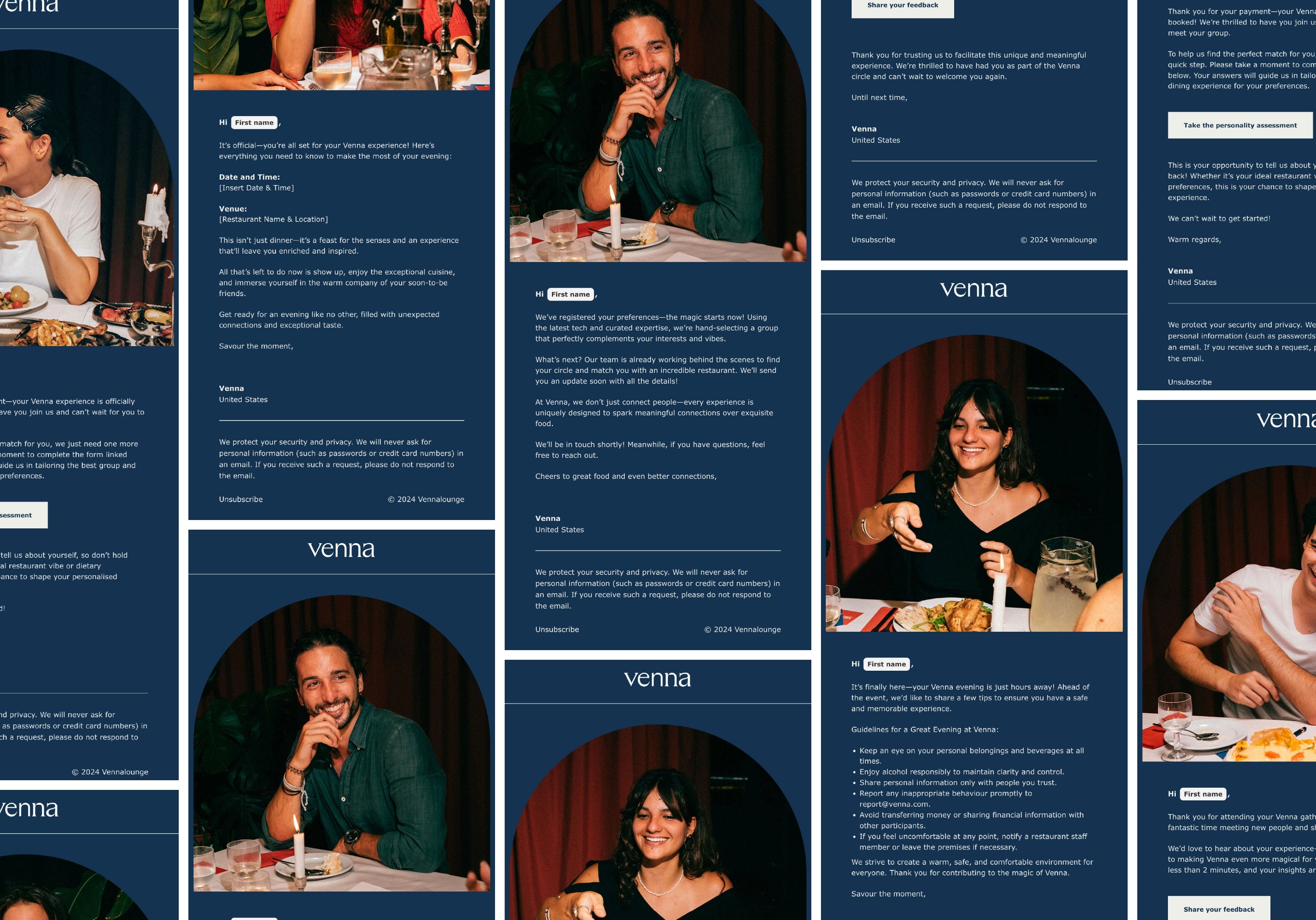 Collage of multiple email marketing  on a blue background, featuring the brand 'venna'.