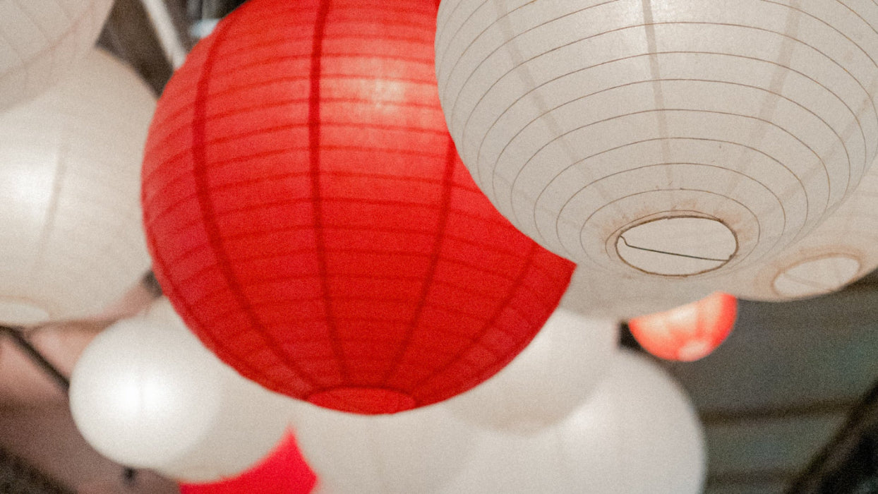 Close-up of red and white paper lanterns hanging from a ceiling.